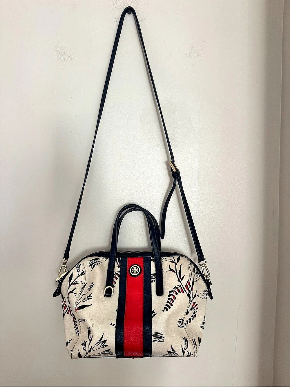 Tory Burch Kerrington Stripe Satchel Floral Satchel White & Black